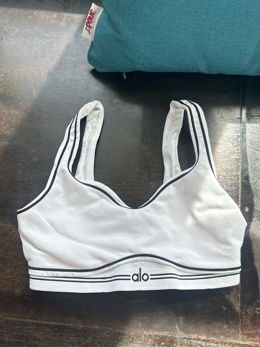 Alo White Sports Bra with Black Stripe Trim